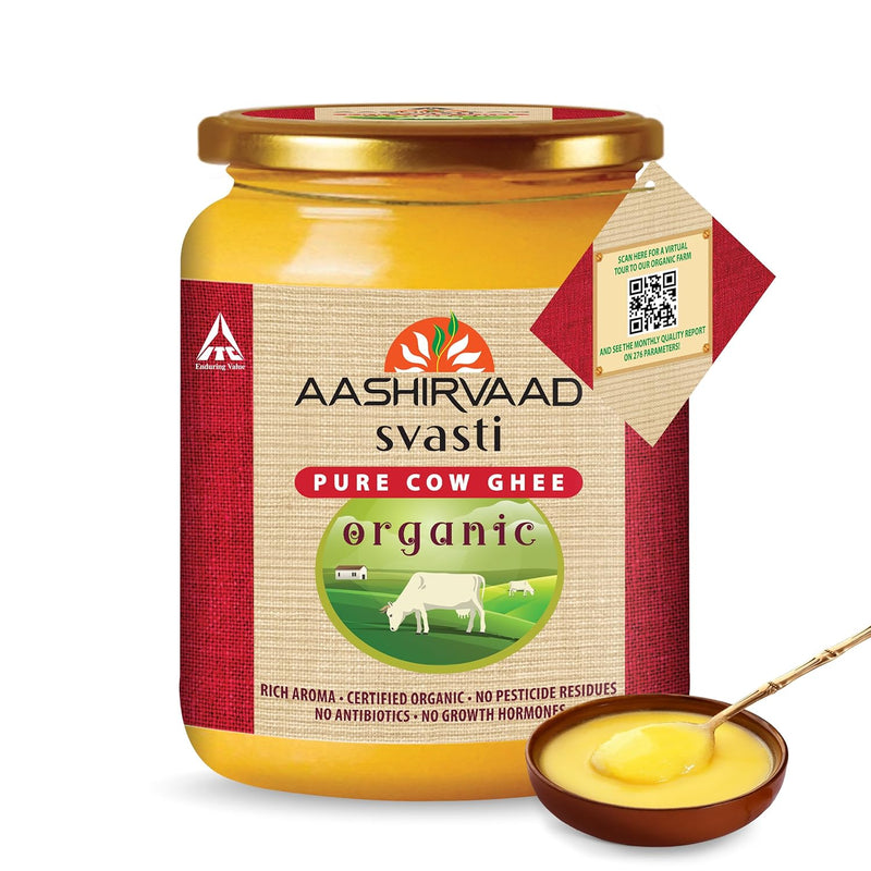 Aashirvaad Svasti Organic Cow Ghee, 500 ml| Sourced from healthy cows| Comes with authenticity proof| Slowly cooked for 3.5 hrs| Rich, nostalgic aroma