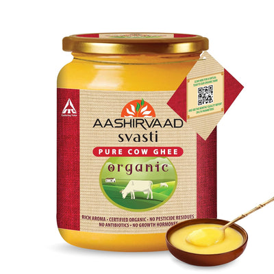 Aashirvaad Svasti Organic Cow Ghee, 500 ml| Sourced from healthy cows| Comes with authenticity proof| Slowly cooked for 3.5 hrs| Rich, nostalgic aroma